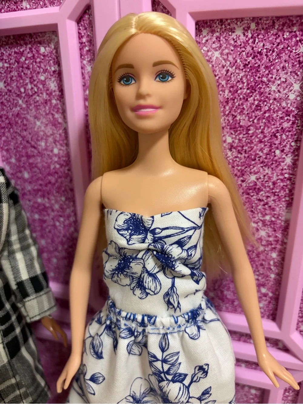 Barbie Dolls Outfit Set with Blue Patterned Trench and Black Plaid Coat
